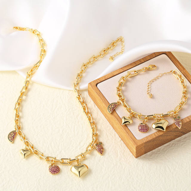 Sweet full diamond watermelon heart charm gold plated copper necklace bracelet set