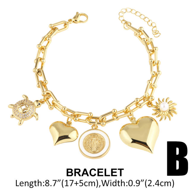 Chunky heart charm gold plated copper women bracelet