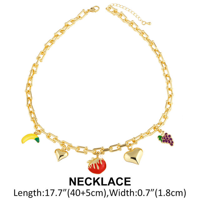 Sweet heart color enamel fruit charm gold plated copper necklace bracelet set