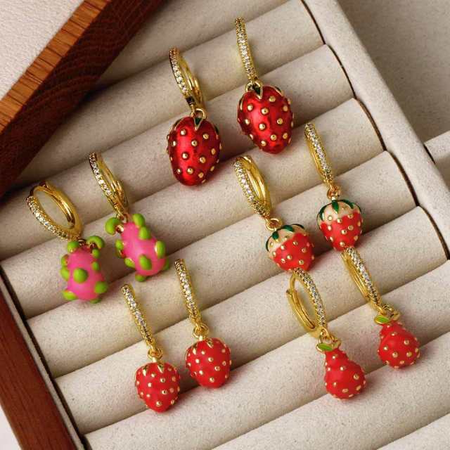 Hot sale Fruit Strawberry Pitaya enamel Gold Plated copper earrings