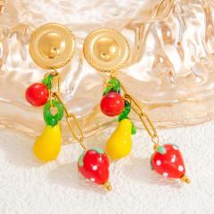 Spring summer sweet strawberry fruit charm stainless steel dangle earrings