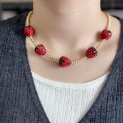 Hot sale full diamond strawberry real gold plated copper bead necklace choker