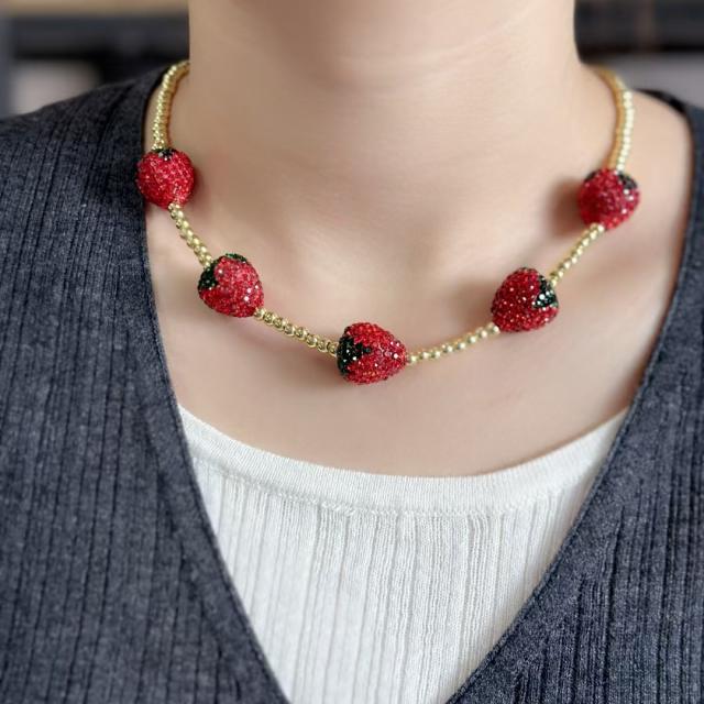 Hot sale full diamond strawberry real gold plated copper bead necklace choker