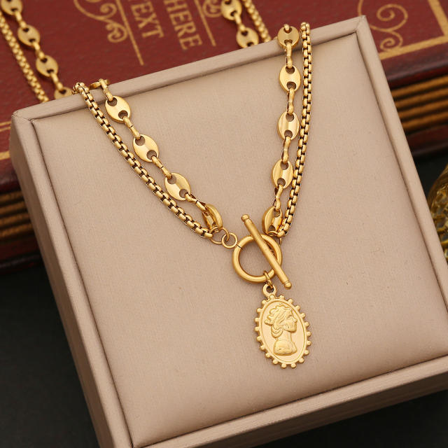 personality pig nose double chain beauty head pendant stainless steel necklace set