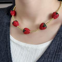 Hot sale full diamond strawberry real gold plated copper bead necklace choker