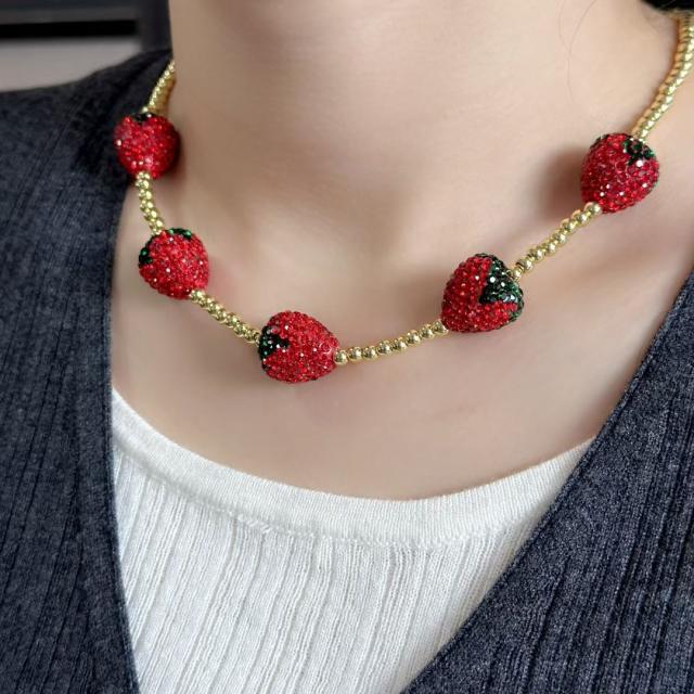 Hot sale full diamond strawberry real gold plated copper bead necklace choker