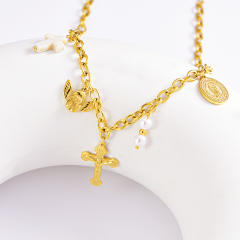 Stainless steel vintage cross little angel pearl charm necklace