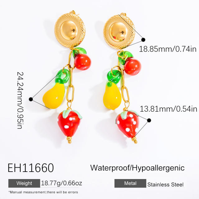 Spring summer sweet strawberry fruit charm stainless steel dangle earrings