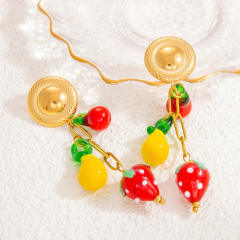 Spring summer sweet strawberry fruit charm stainless steel dangle earrings