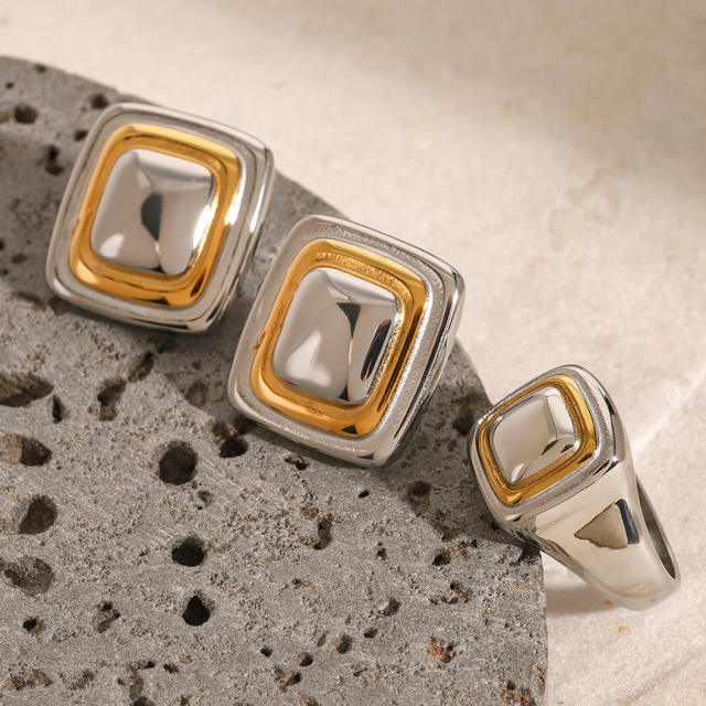 Mix color geometric square stainless steel earrings rings set