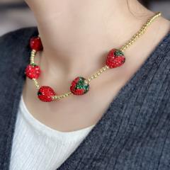 Hot sale full diamond strawberry real gold plated copper bead necklace choker