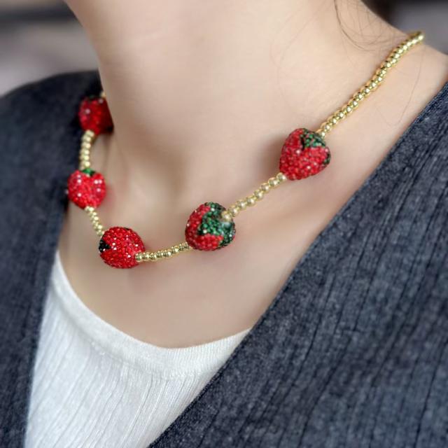 Hot sale full diamond strawberry real gold plated copper bead necklace choker