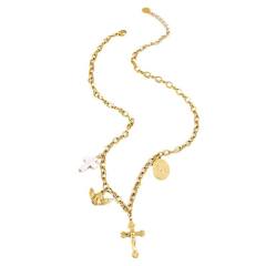 Stainless steel vintage cross little angel pearl charm necklace