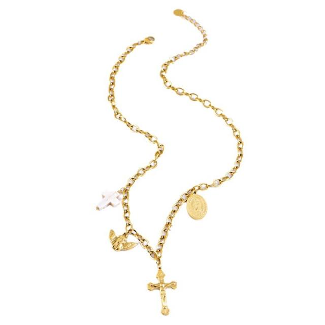 Stainless steel vintage cross little angel pearl charm necklace