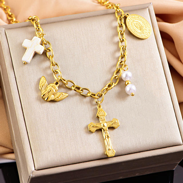 Stainless steel vintage cross little angel pearl charm necklace