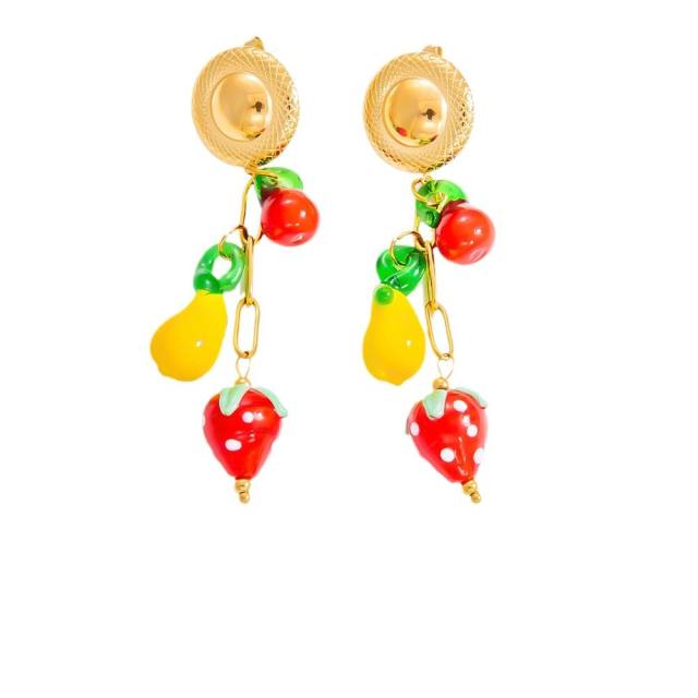 Spring summer sweet strawberry fruit charm stainless steel dangle earrings