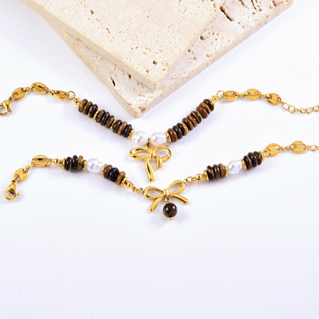 Vintage brown natural stone sweet bow charm stainless steel bracelet