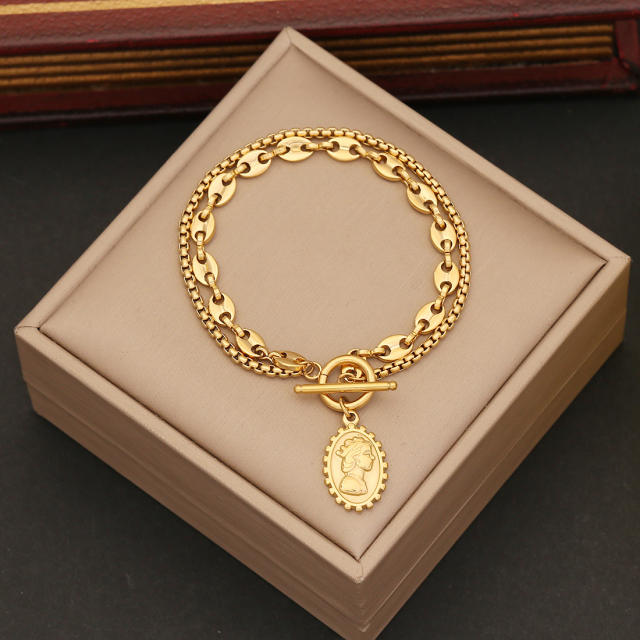 personality pig nose double chain beauty head pendant stainless steel necklace set