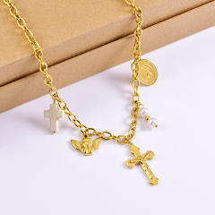 Stainless steel vintage cross little angel pearl charm necklace