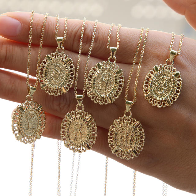 18KG copper Oval Simple 26 English Letter initial letter Pendant Necklace