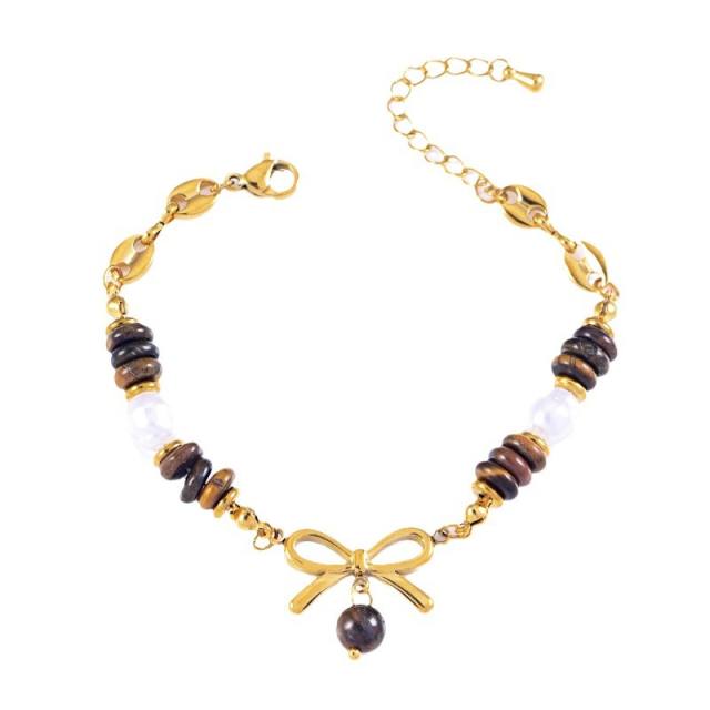 Vintage brown natural stone sweet bow charm stainless steel bracelet