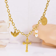 Stainless steel vintage cross little angel pearl charm necklace