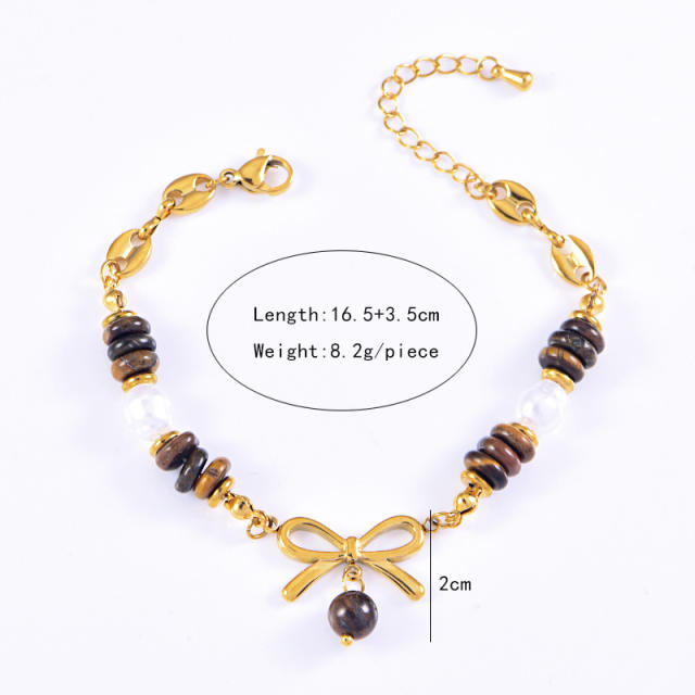 Vintage brown natural stone sweet bow charm stainless steel bracelet