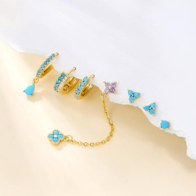 925 needle gold plated copper turquoise bead statement huggie earrings