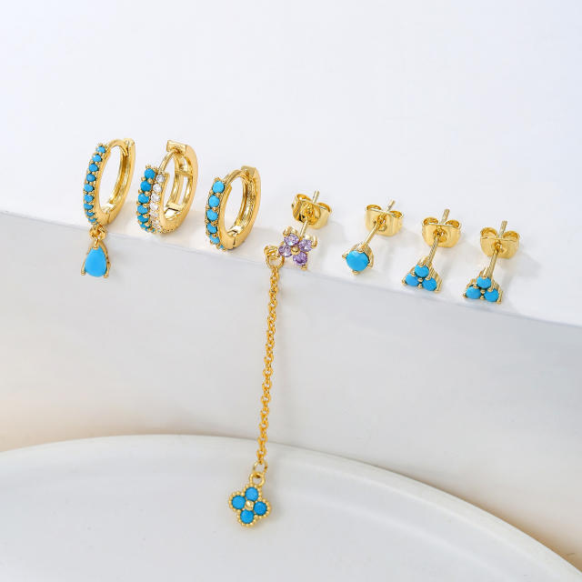 925 needle gold plated copper turquoise bead statement huggie earrings