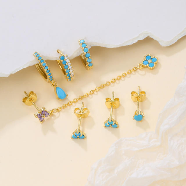 925 needle gold plated copper turquoise bead statement huggie earrings