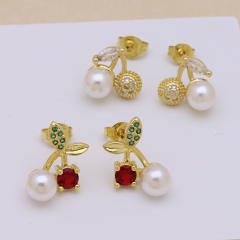 Hot sale sweet red color ladybug cherry gold plated copper earrings