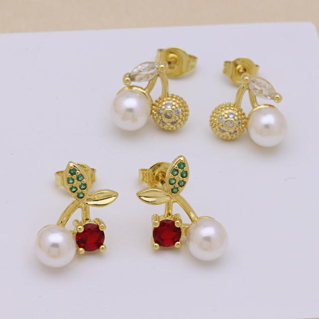 Hot sale sweet red color ladybug cherry gold plated copper earrings