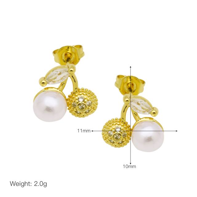 Hot sale sweet red color ladybug cherry gold plated copper earrings