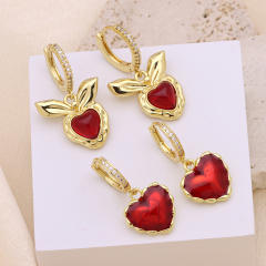 New year red heart sweet cherry gold plated copper huggie earrings
