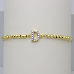 Delicate diamond initial letter gold plated copper bead bracelet
