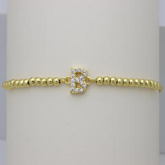 Delicate diamond initial letter gold plated copper bead bracelet