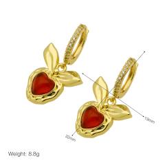 New year red heart sweet cherry gold plated copper huggie earrings