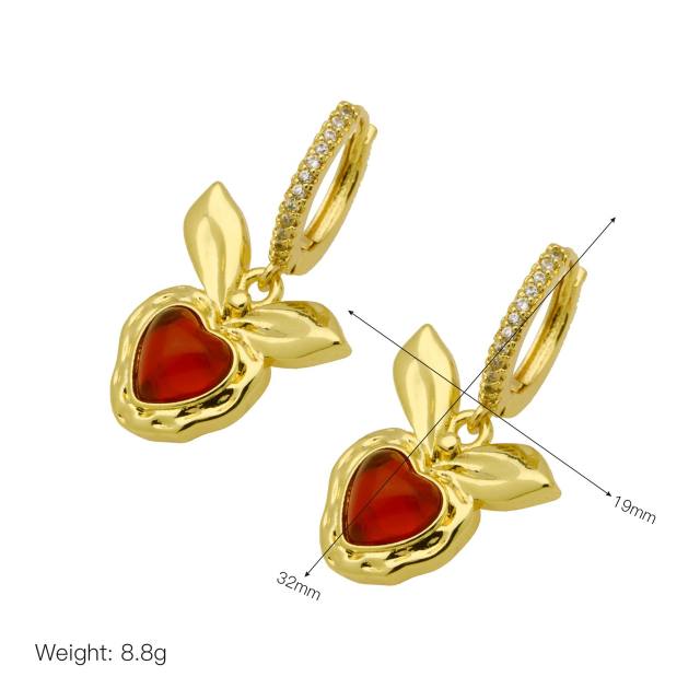 New year red heart sweet cherry gold plated copper huggie earrings