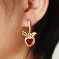 New year red heart sweet cherry gold plated copper huggie earrings
