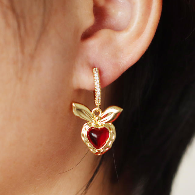 New year red heart sweet cherry gold plated copper huggie earrings