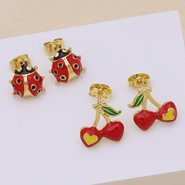 Hot sale sweet red color ladybug cherry gold plated copper earrings