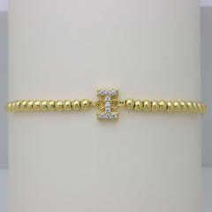 Delicate diamond initial letter gold plated copper bead bracelet