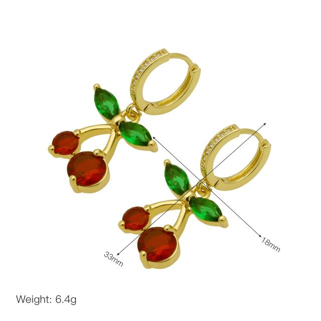 New year red heart sweet cherry gold plated copper huggie earrings
