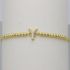 Delicate diamond initial letter gold plated copper bead bracelet
