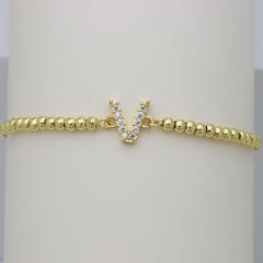 Delicate diamond initial letter gold plated copper bead bracelet