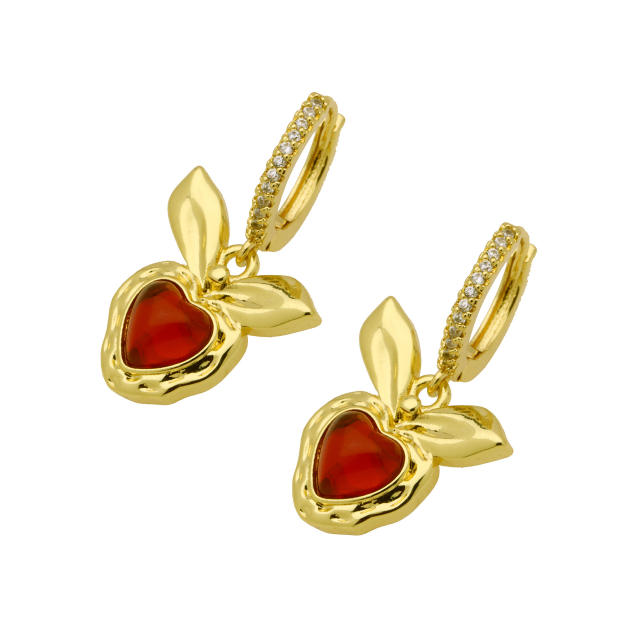 New year red heart sweet cherry gold plated copper huggie earrings