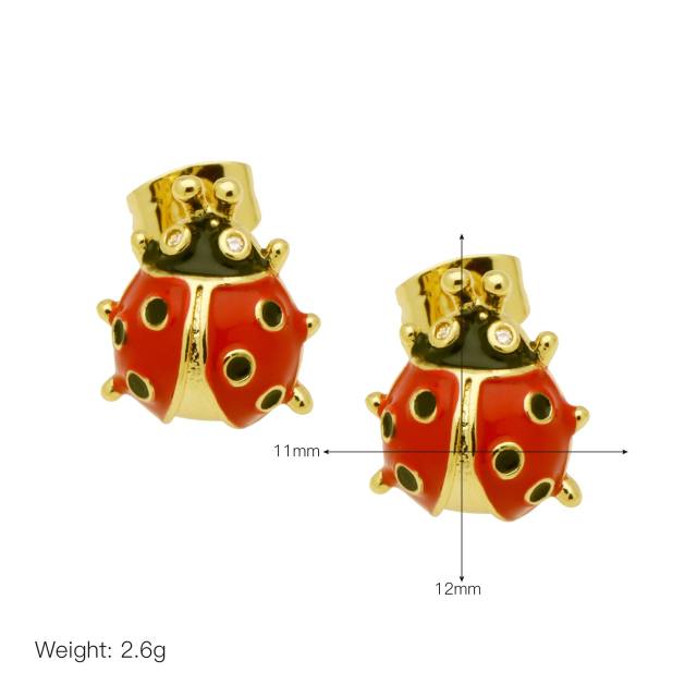 Hot sale sweet red color ladybug cherry gold plated copper earrings