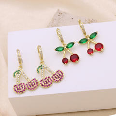 New year red heart sweet cherry gold plated copper huggie earrings