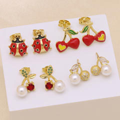 Hot sale sweet red color ladybug cherry gold plated copper earrings