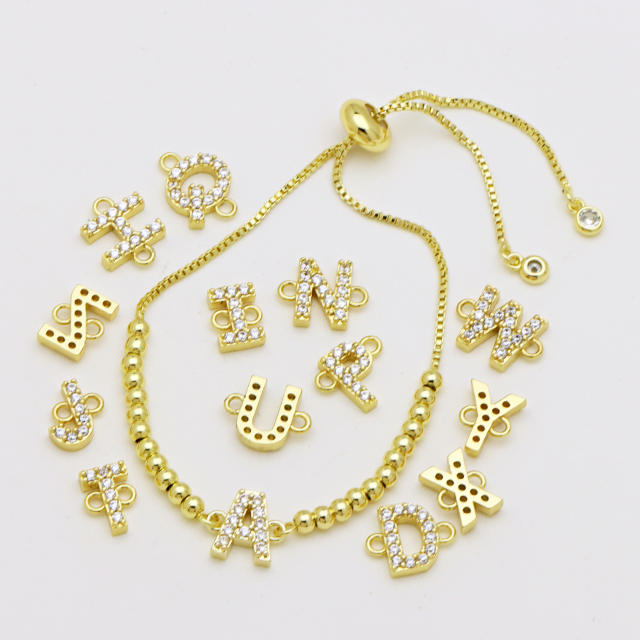 Delicate diamond initial letter gold plated copper bead bracelet